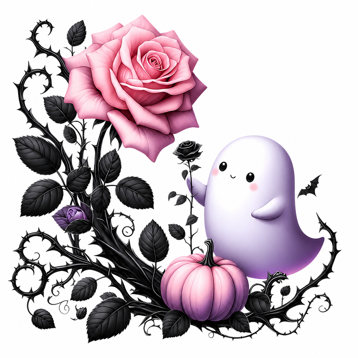Cute Ghostie with Flower Vine and Pumpkin