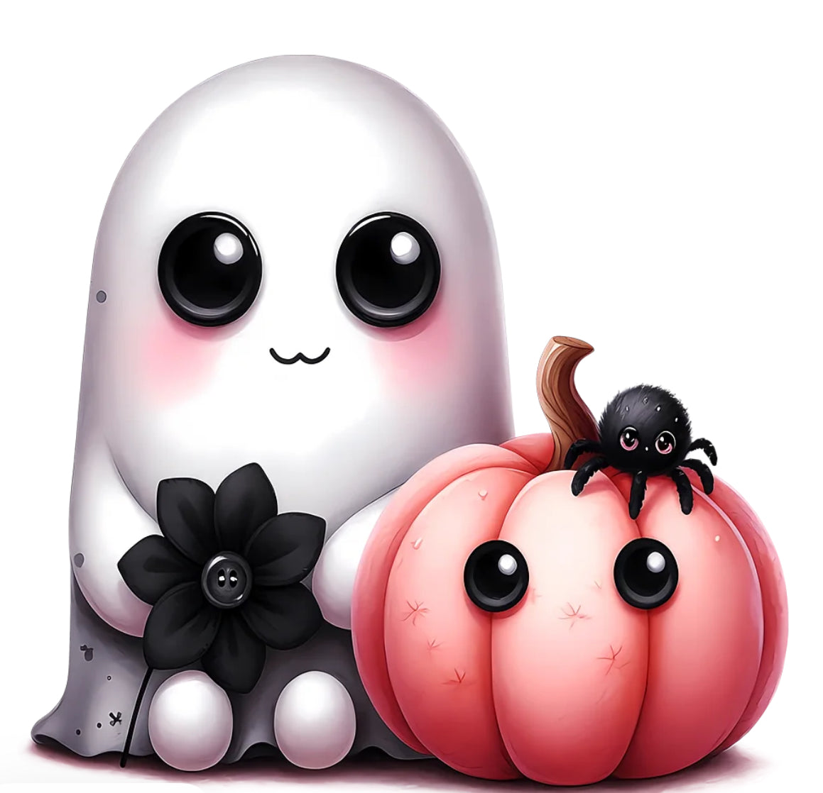 Cute Ghostie with Flower, Pumpkin, and Spider