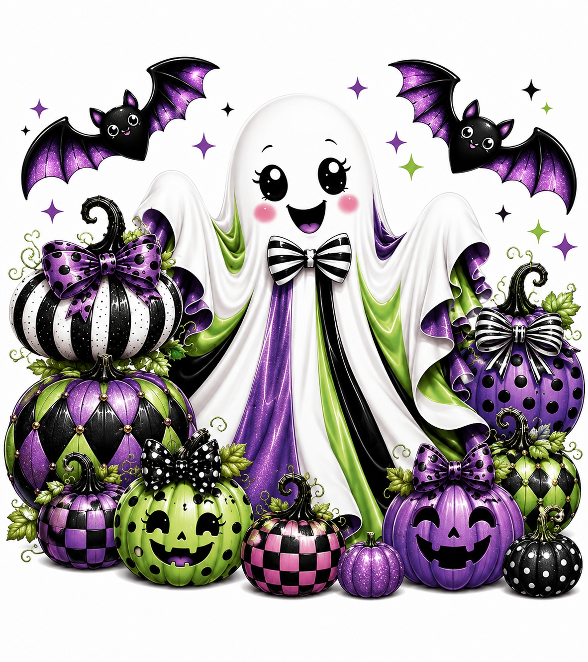 Purple & Green Ghost with Black & White Bow