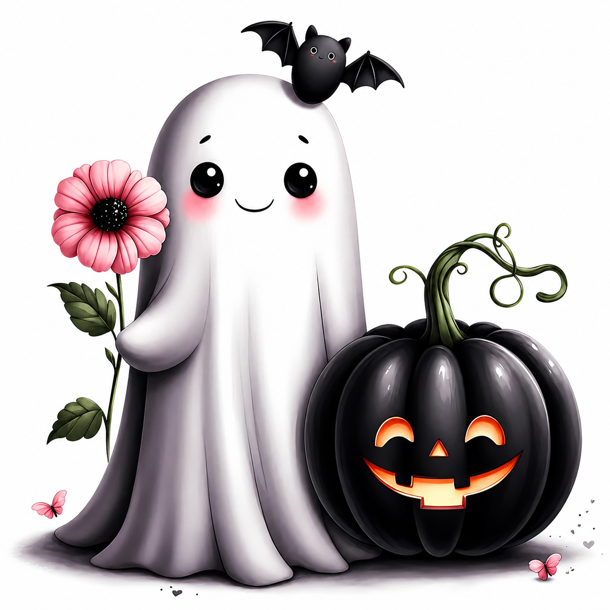 Cute Ghostie with Flower, Bat, and Pumpkin