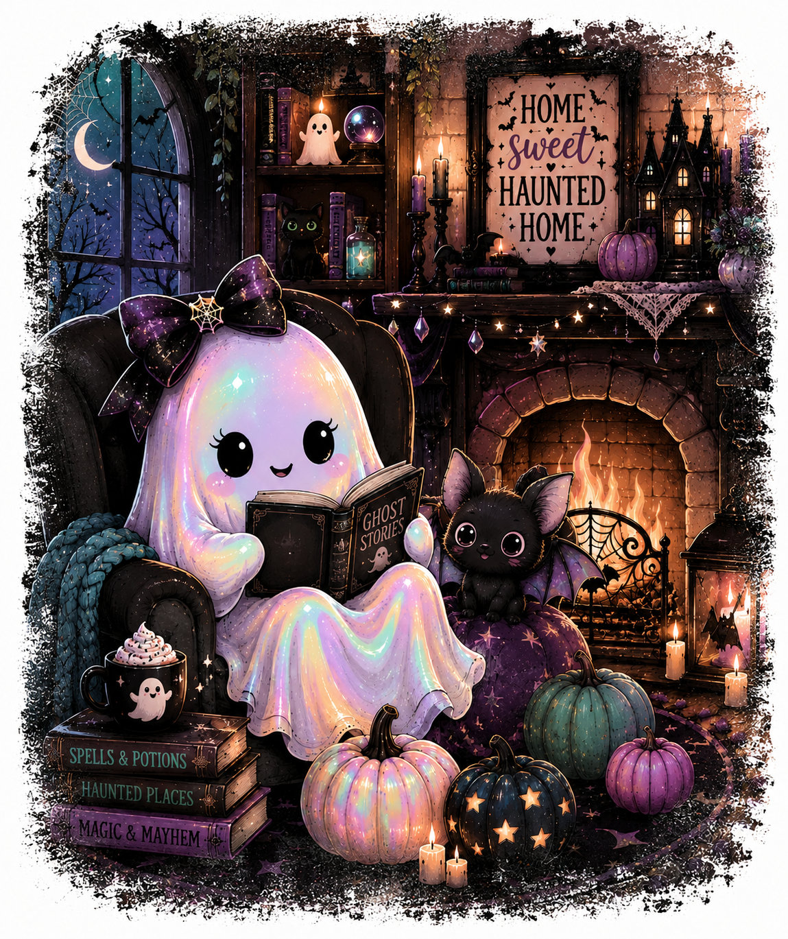 Iridescent Ghost Reading by Fireplace