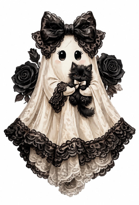 Ghost Holding Black Cat with Lace Trim