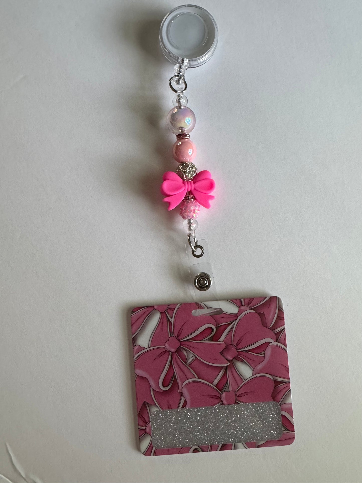 Beaded Badge Reel (Pink Bows)