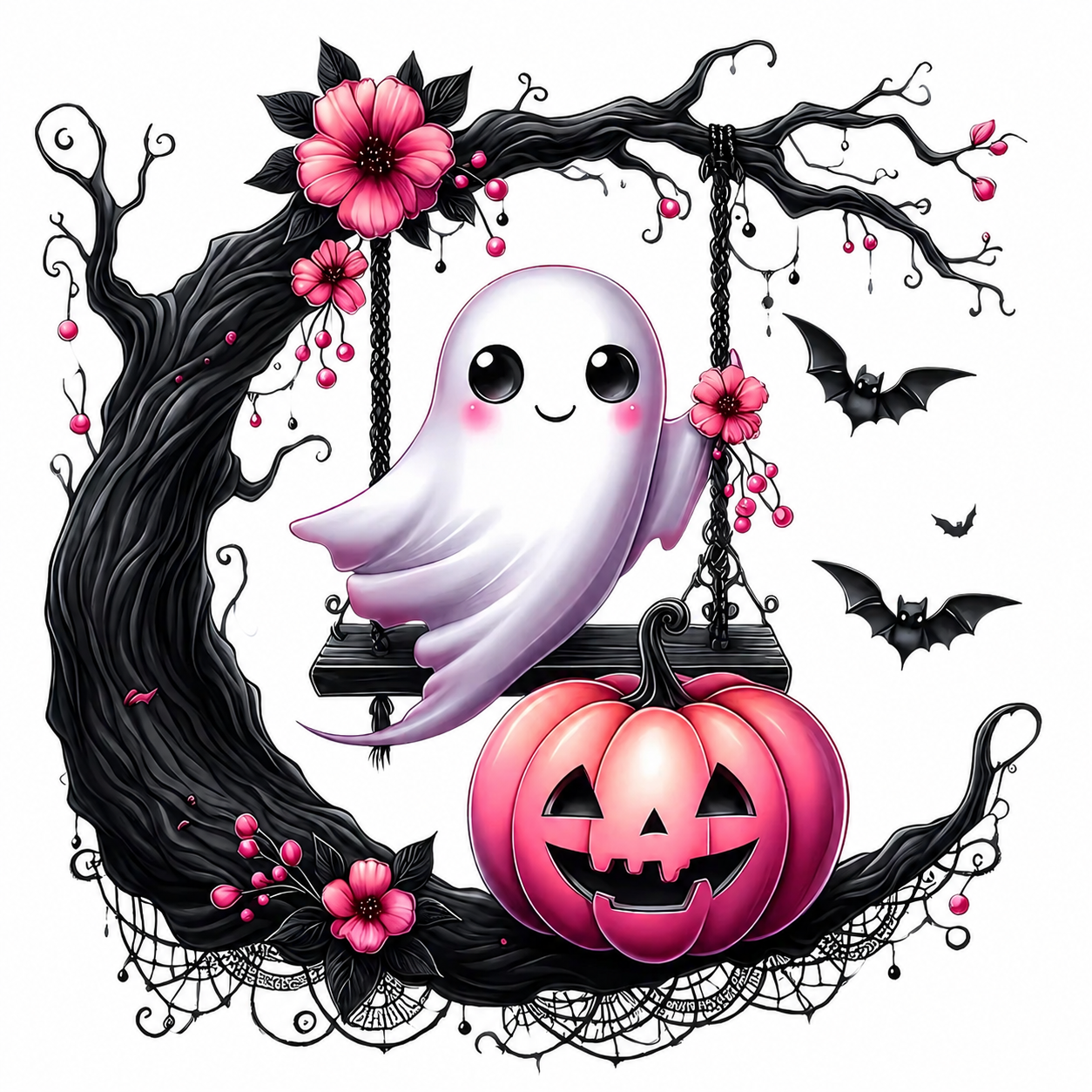 Cute Ghostie on Swing with Pumpkin