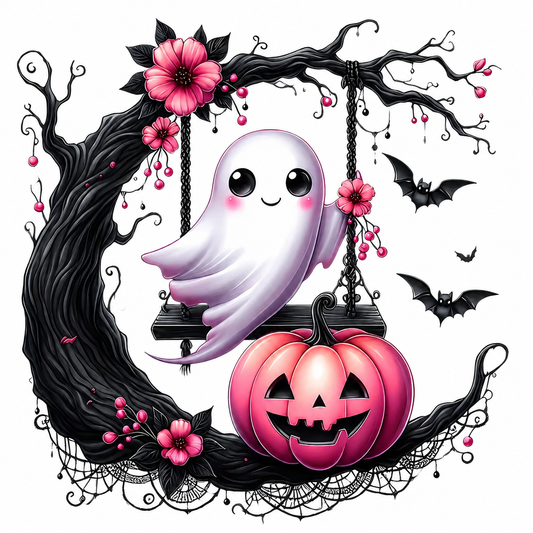 Cute Ghostie on Swing with Pumpkin